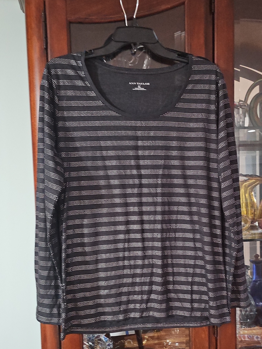 Ann Taylor Long-Sleeve Striped Embellished  Top Black & Silver Size XL